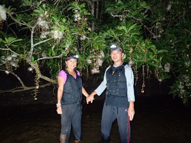 石垣島の夜、満開のサガリバナの下で記念撮影をするペア。