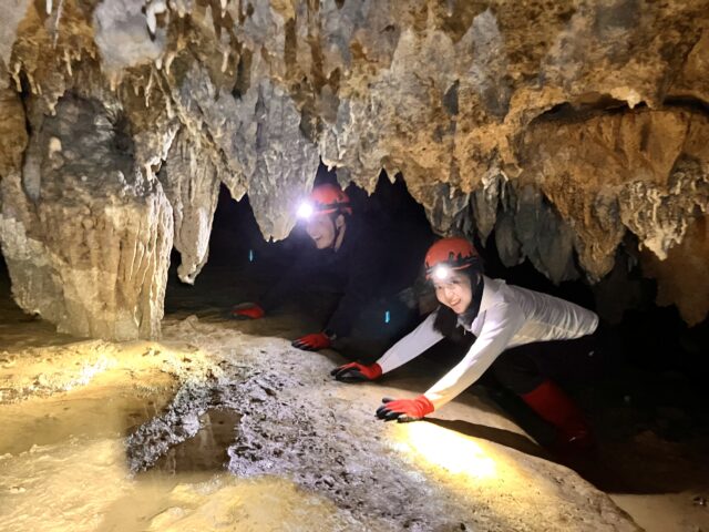 石垣島のナイトケイビングで洞窟内をヘッドライトの明かりを頼りに進む様子