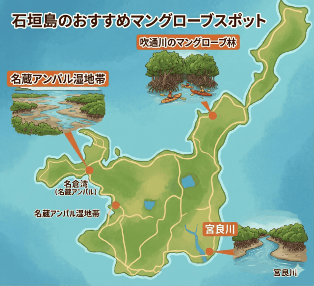 石垣島のマングローブスポット（吹通川、名倉湾（名蔵アンパル）、宮良川）