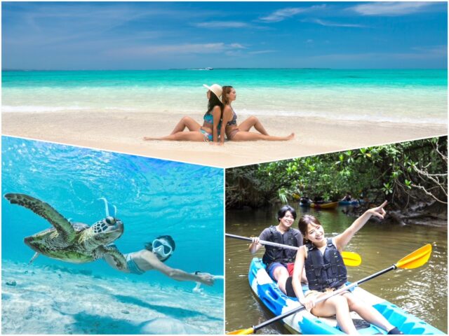 石垣島2泊3日で体験できる人気アクティビティ。ビーチ、シュノーケリング、カヤックの様子。