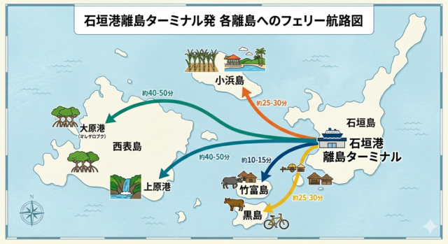 石垣港離島ターミナルを拠点とした各離島（竹富島・小浜島・西表島・黒島）へのフェリー航路図