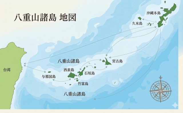 沖縄本島から宮古島、八重山諸島、台湾へと繋がる航路・空路を描いた地図。