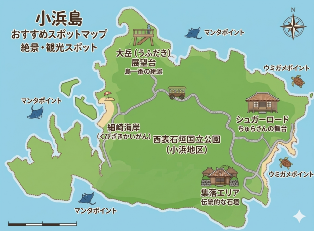 シュガーロードや大岳展望台などの名所を記した、小浜島観光に便利な八重山諸島 地図。