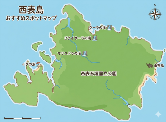 西表石垣国立公園に含まれる西表島の観光名所がわかる八重山諸島 地図。
